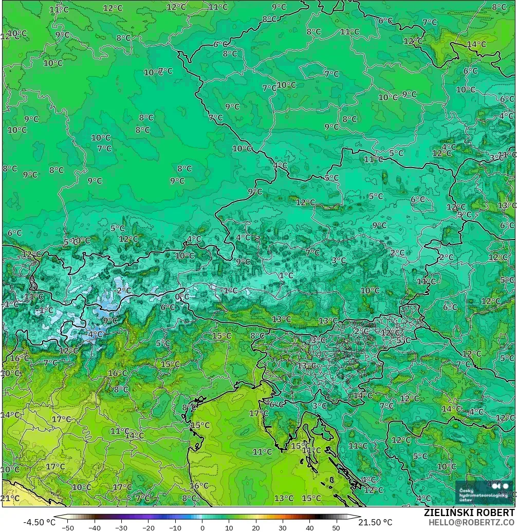 ALADIN CZ 2.3 km modelo - Austria, Punto de rocío a 2 m