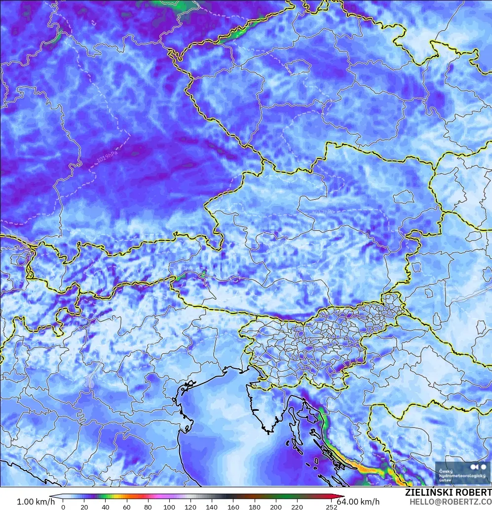 ALADIN CZ 2.3 km modelo - Austria, Ráfagas de Viento Máximas