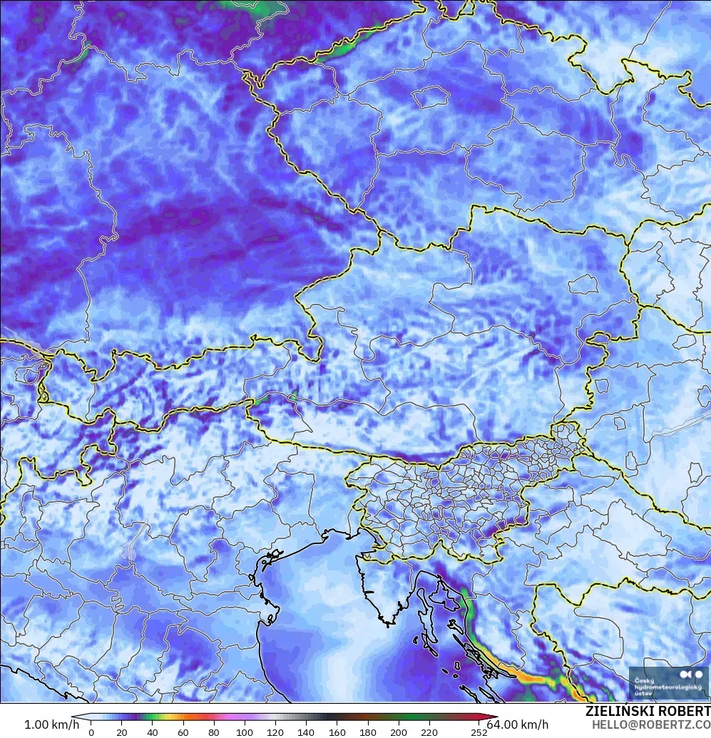 ALADIN CZ 2.3 km modelo - Austria, Ráfagas de viento