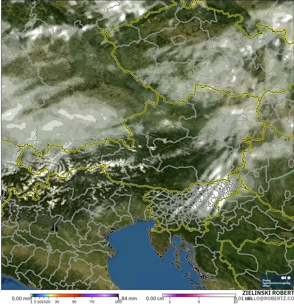 ALADIN CZ 2.3 km modelo - Austria, Precipitación, nubes y presión