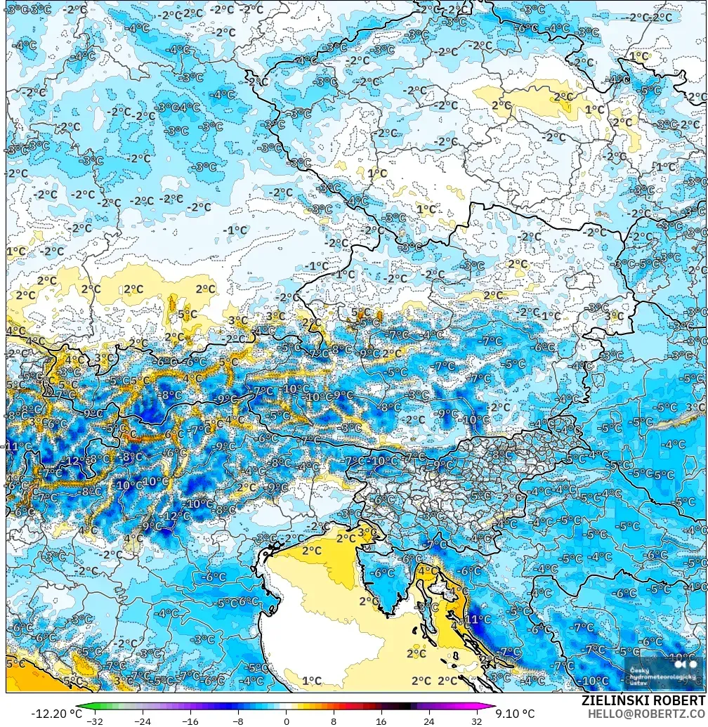 ALADIN CZ 2.3 km modelo - Austria, Anomalía de temperatura a 2 m