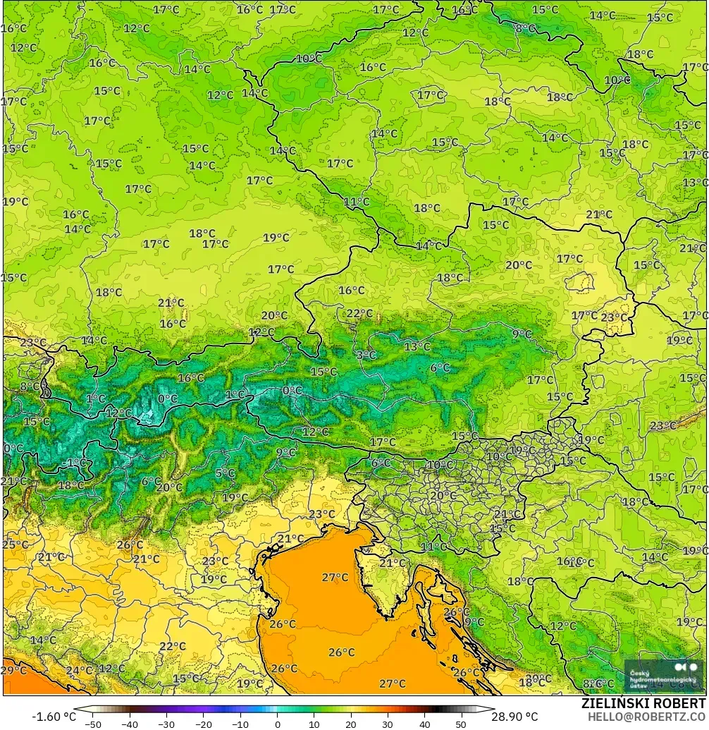 ALADIN CZ 2.3 km modelo - Austria, Temperatura a 2 m