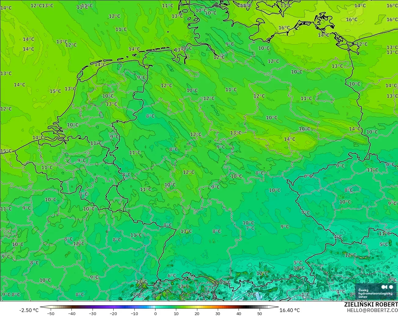 ALADIN CZ 2.3 km modelo - Alemania, Punto de rocío a 2 m