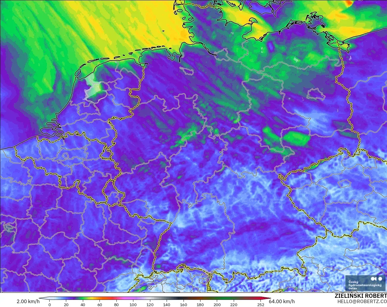 ALADIN CZ 2.3 km modelo - Alemania, Ráfagas de viento