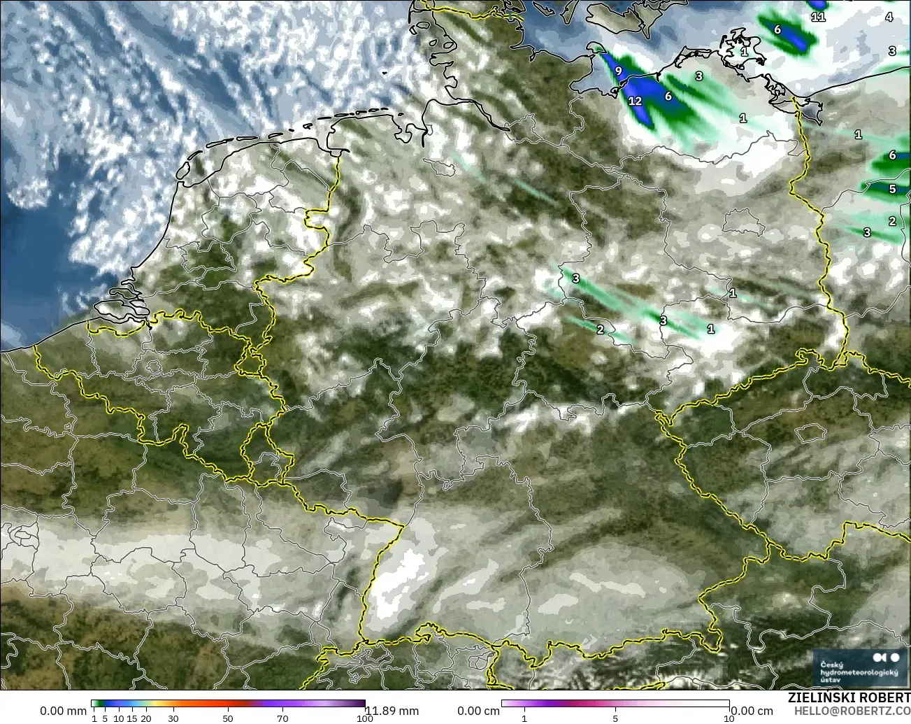 ALADIN CZ 2.3 km modelo - Alemania, Precipitación, nubes y presión