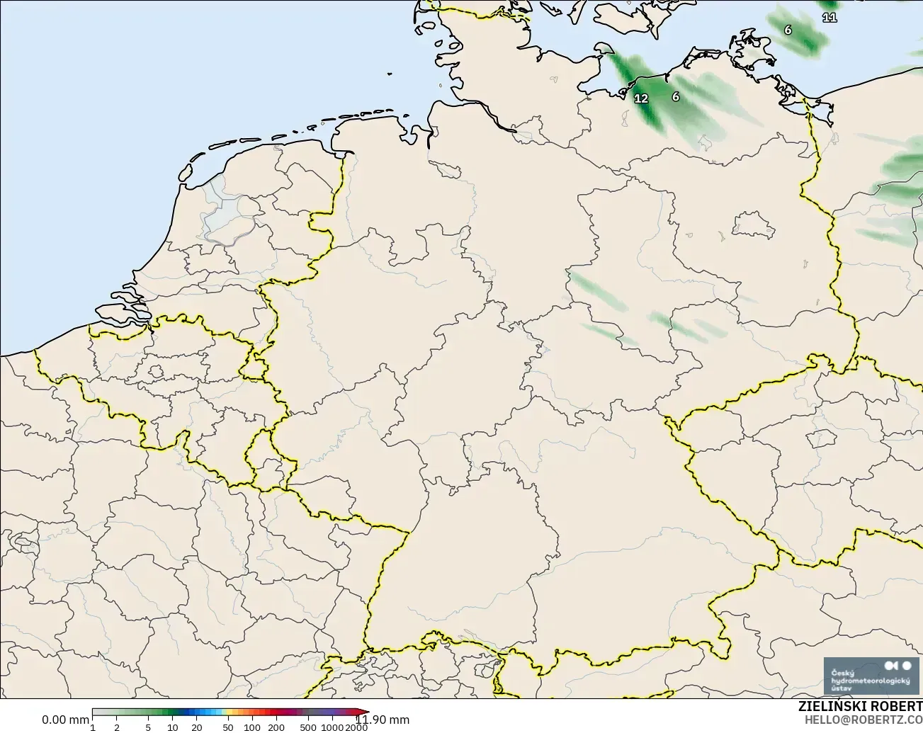 ALADIN CZ 2.3 km modelo - Alemania, Acumulación de precipitación