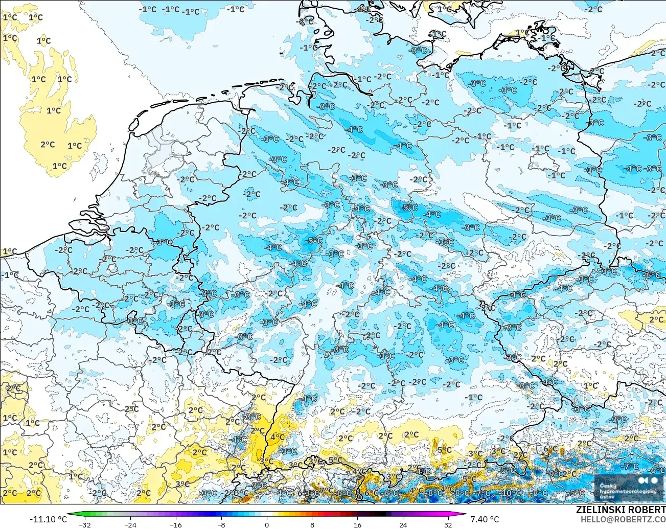 ALADIN CZ 2.3 km modelo - Alemania, Anomalía de temperatura a 2 m
