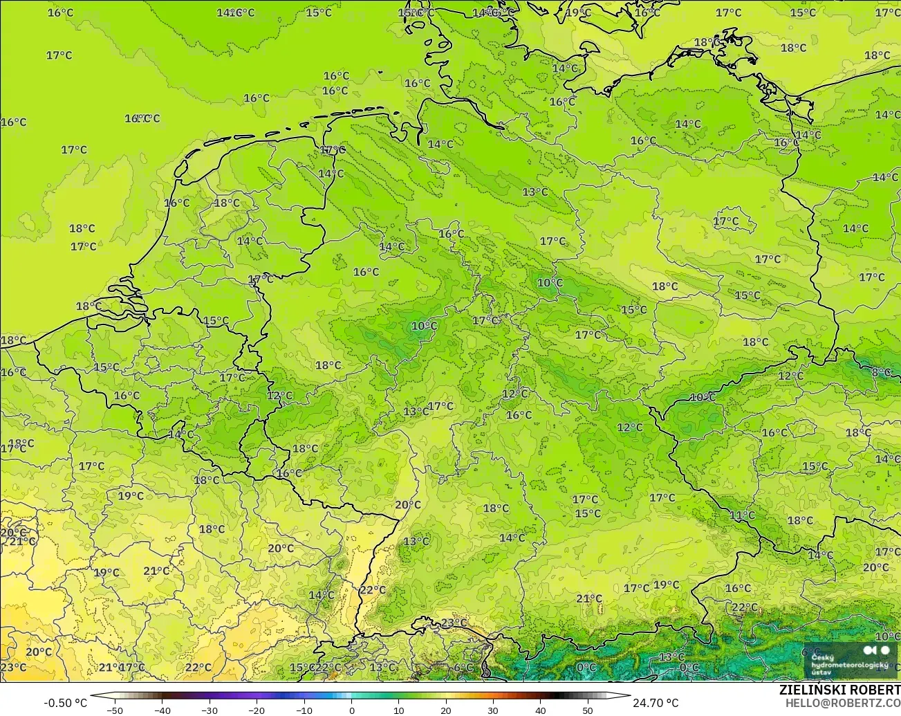 ALADIN CZ 2.3 km modelo - Alemania, Temperatura a 2 m