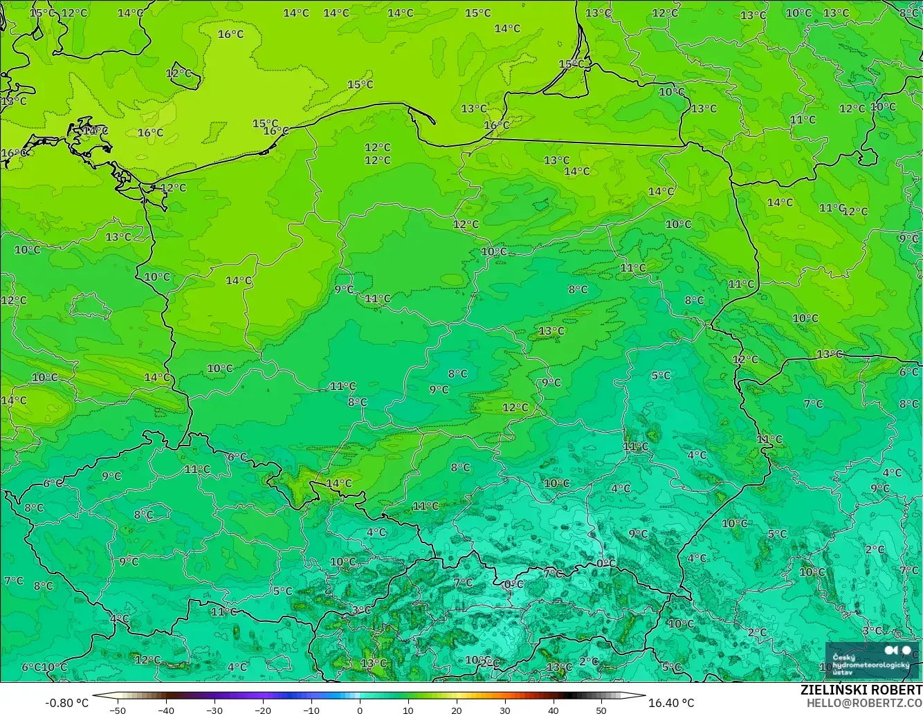 ALADIN CZ 2.3 km modelo - Polonia, Punto de rocío a 2 m