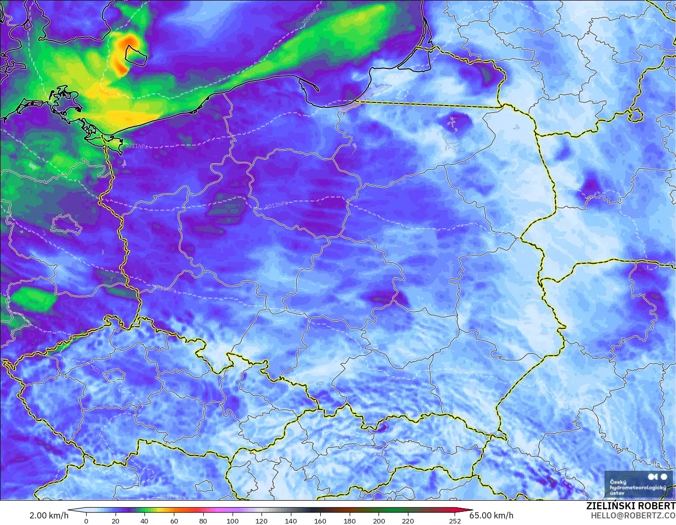 ALADIN CZ 2.3 km modelo - Polonia, Ráfagas de Viento Máximas