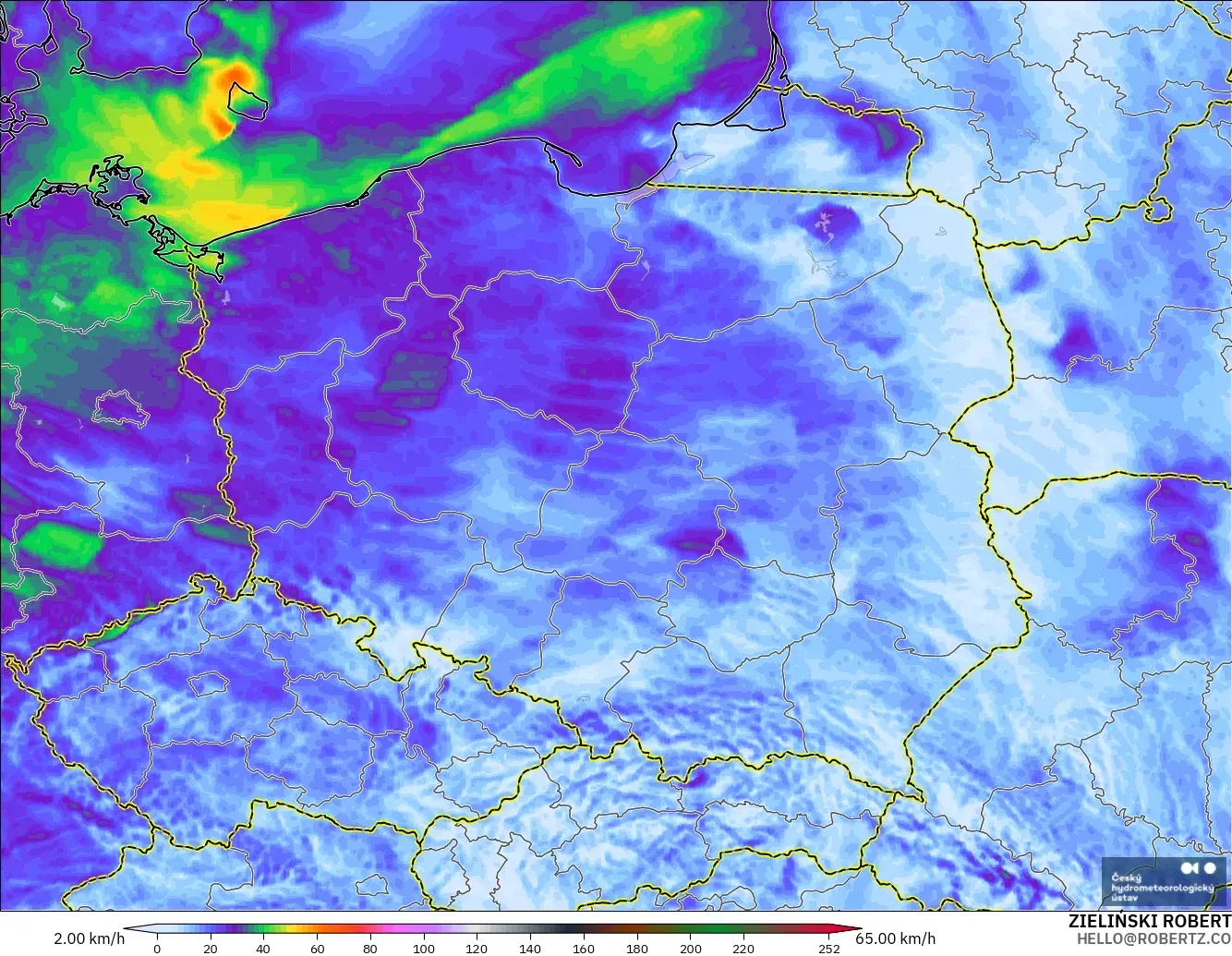 ALADIN CZ 2.3 km modelo - Polonia, Ráfagas de viento
