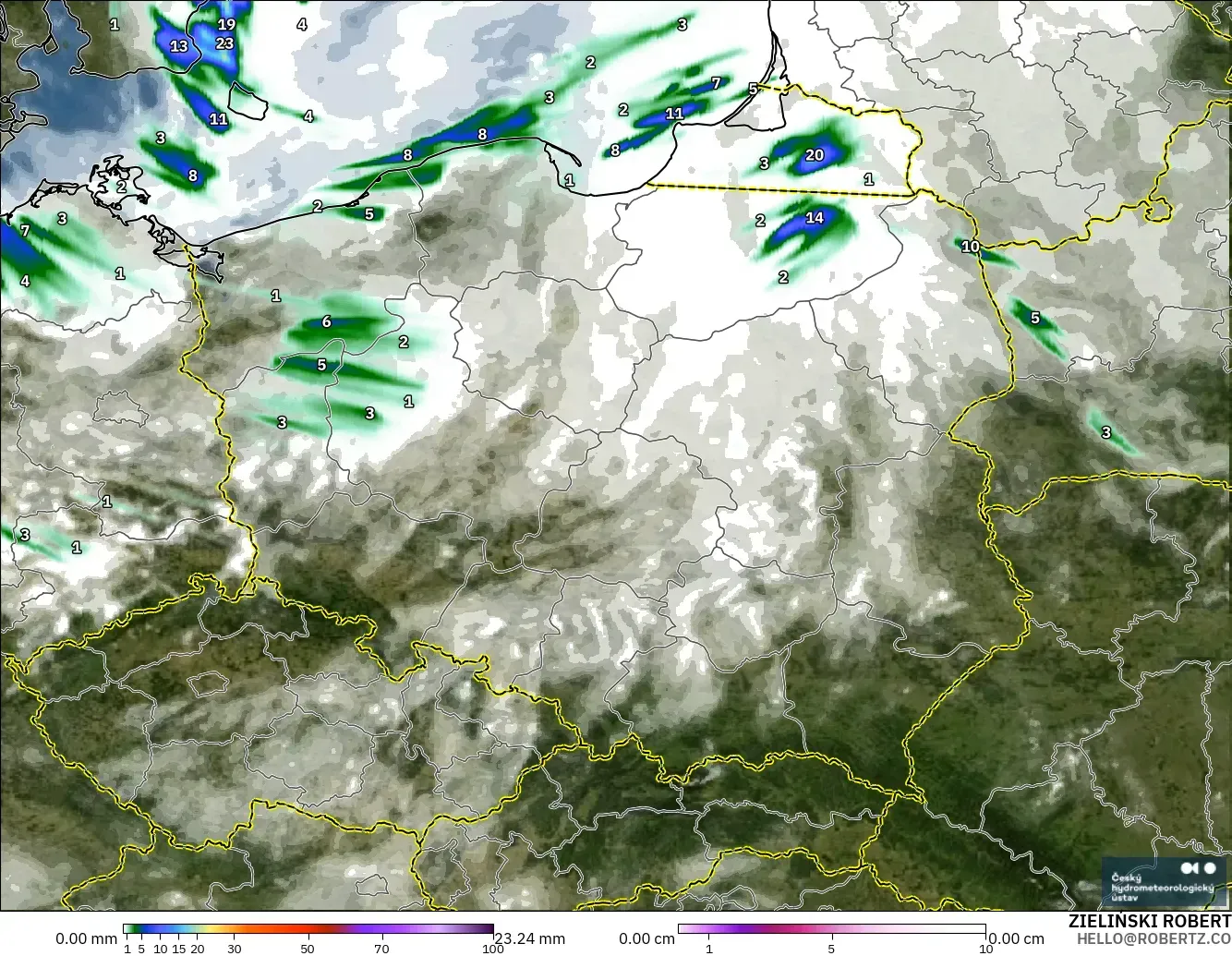 ALADIN CZ 2.3 km modelo - Polonia, Precipitación, nubes y presión