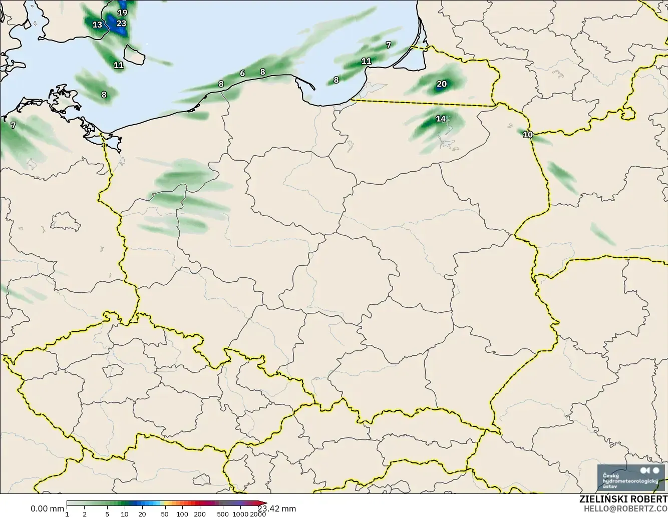ALADIN CZ 2.3 km modelo - Polonia, Acumulación de precipitación