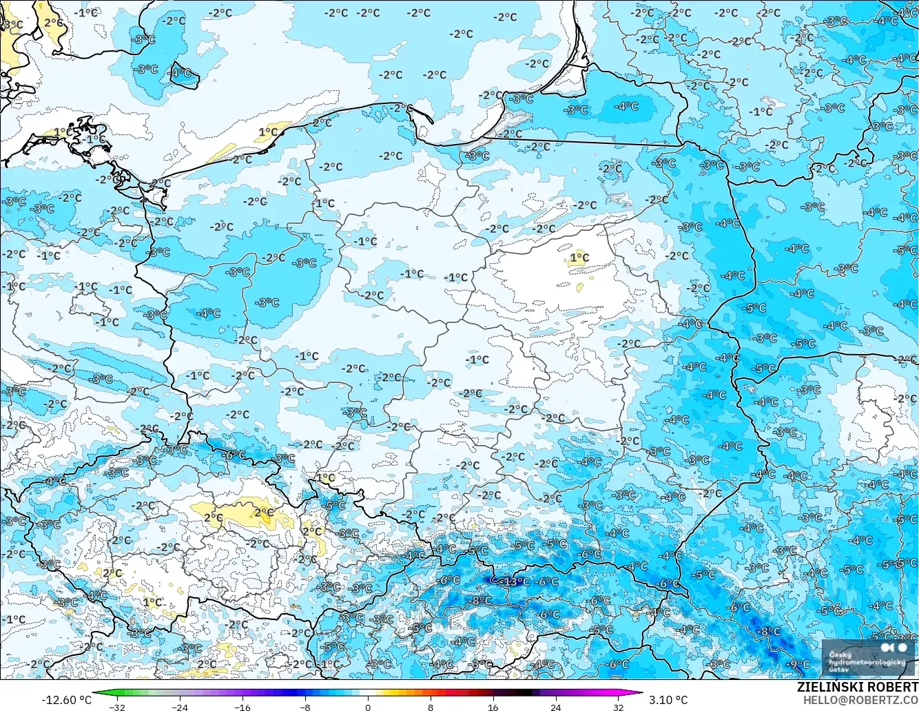 ALADIN CZ 2.3 km modelo - Polonia, Anomalía de temperatura a 2 m