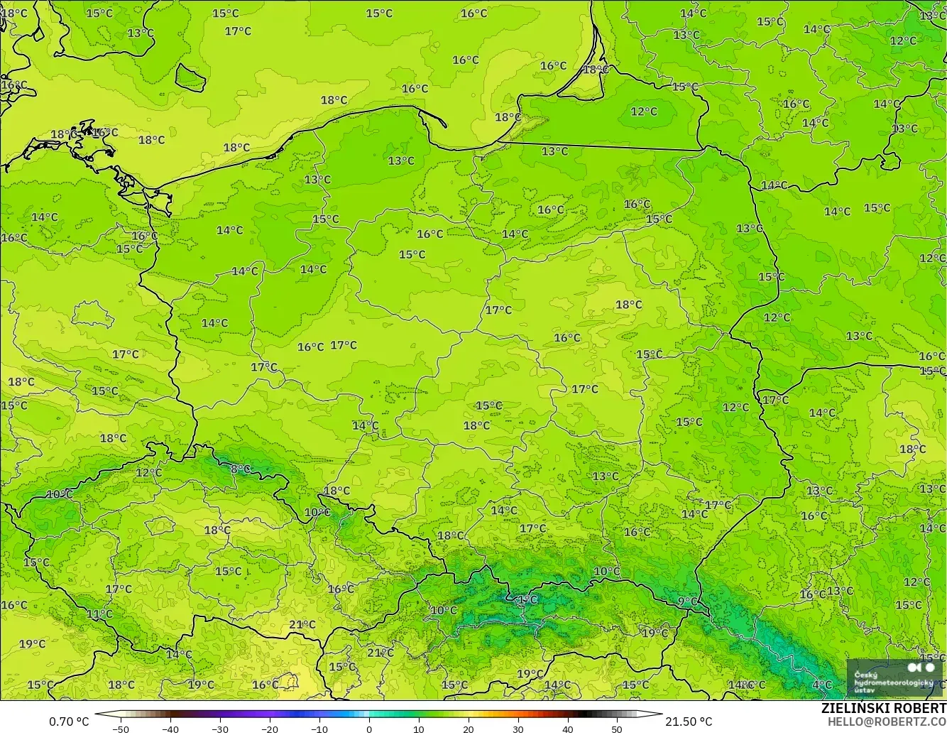 ALADIN CZ 2.3 km modelo - Polonia, Temperatura a 2 m