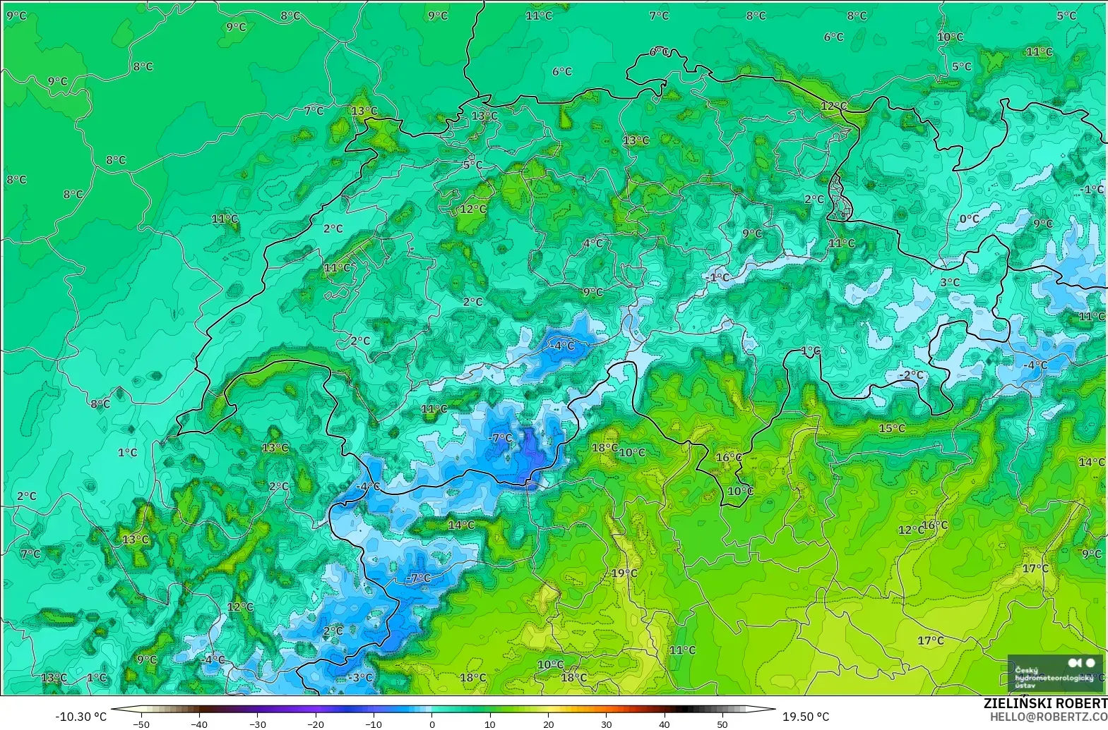 ALADIN CZ 2.3 km modelo - Suiza, Punto de rocío a 2 m