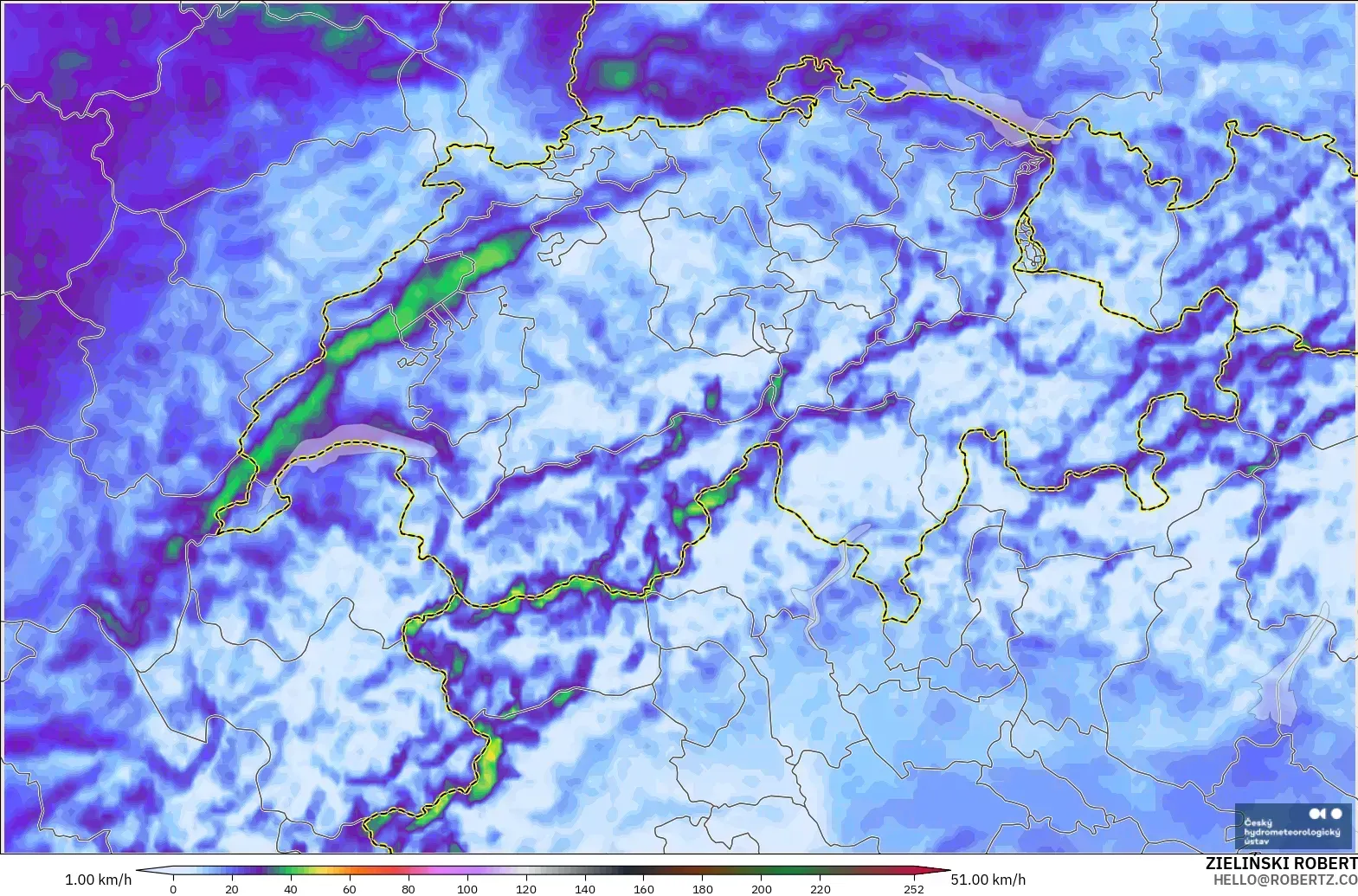 ALADIN CZ 2.3 km modelo - Suiza, Ráfagas de viento