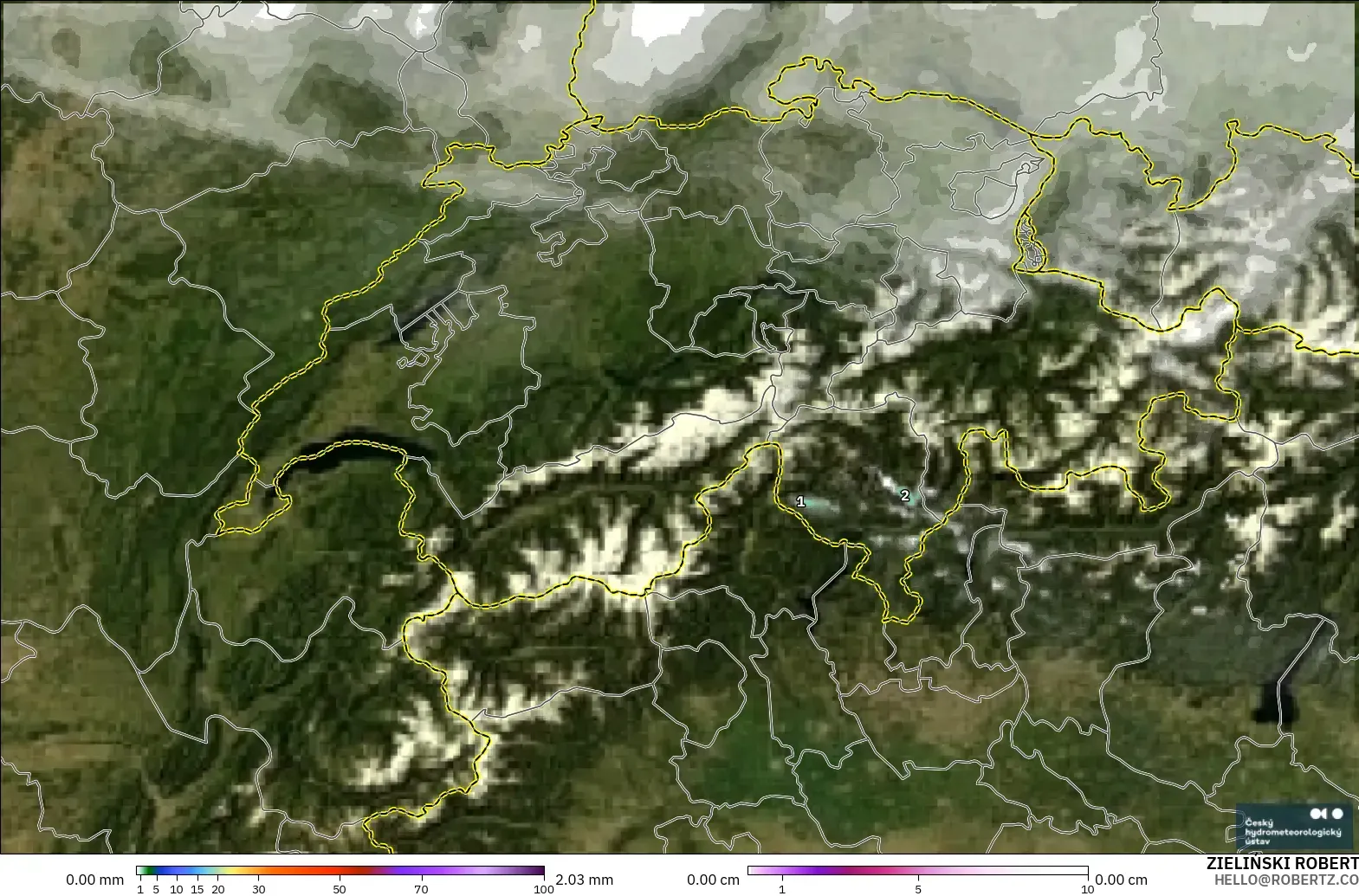 ALADIN CZ 2.3 km modelo - Suiza, Precipitación, nubes y presión