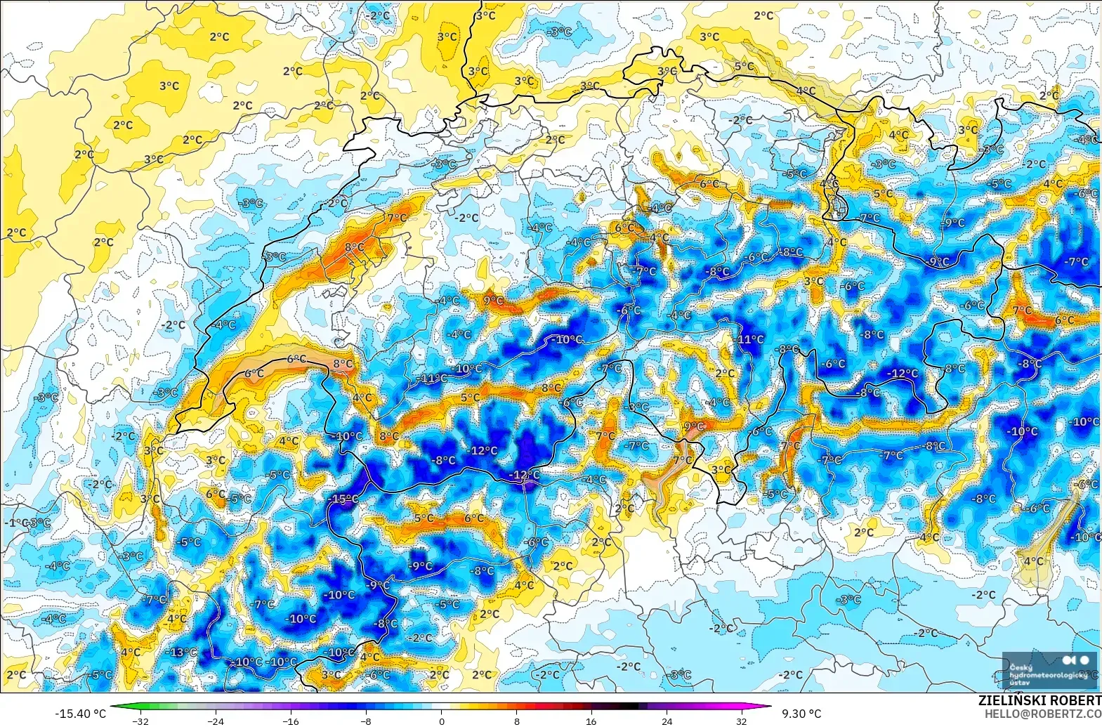 ALADIN CZ 2.3 km modelo - Suiza, Anomalía de temperatura a 2 m