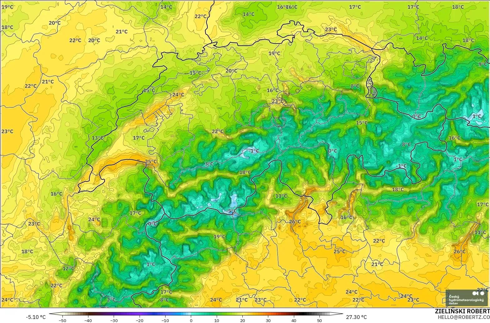ALADIN CZ 2.3 km modelo - Suiza, Temperatura a 2 m