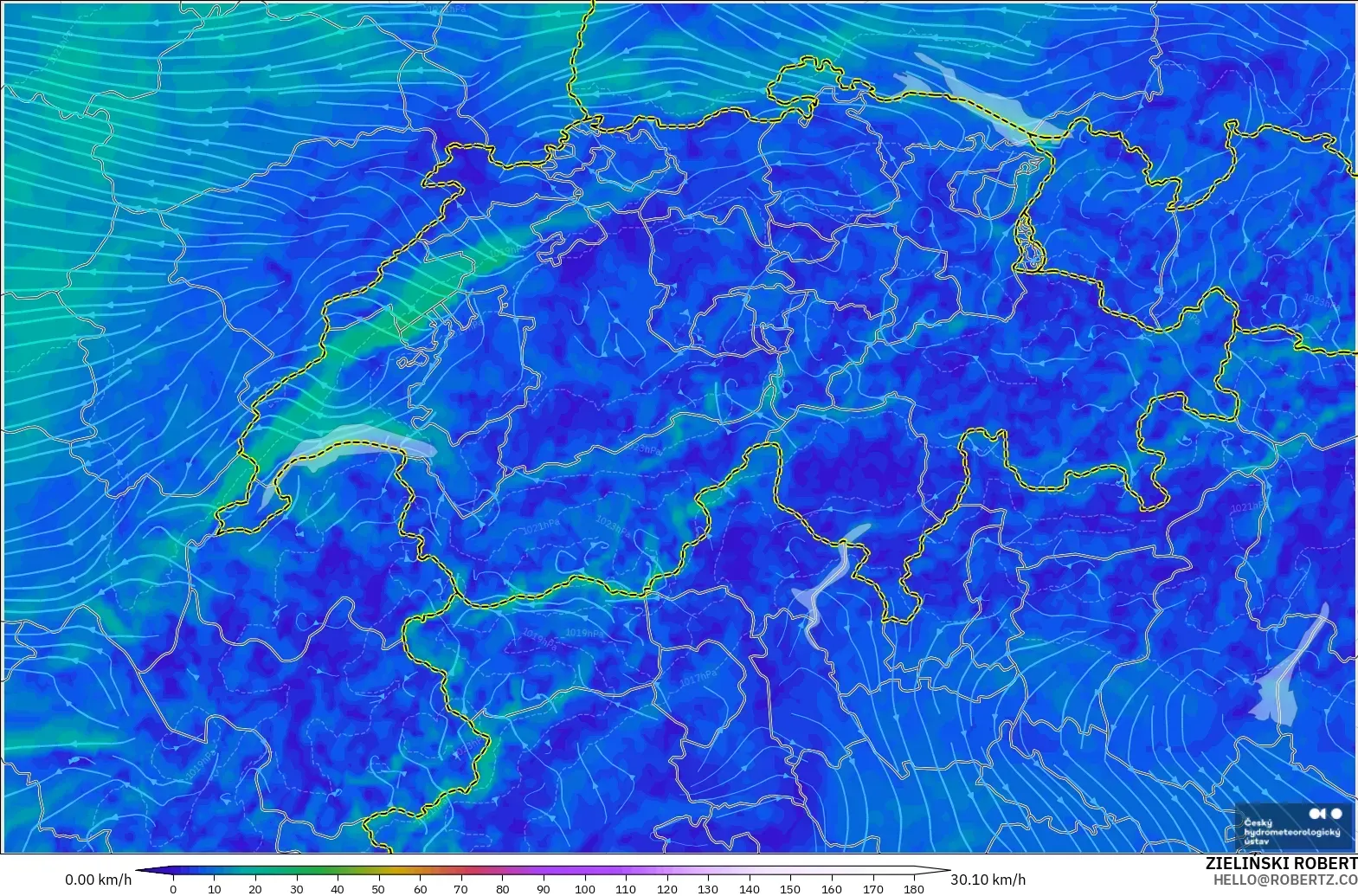 ALADIN CZ 2.3 km modelo - Suiza, Viento a 10 m