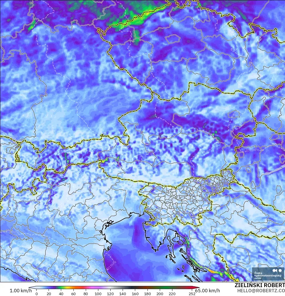 ALADIN CZ 2.3 km modelo - Austria, Ráfagas de Viento Máximas