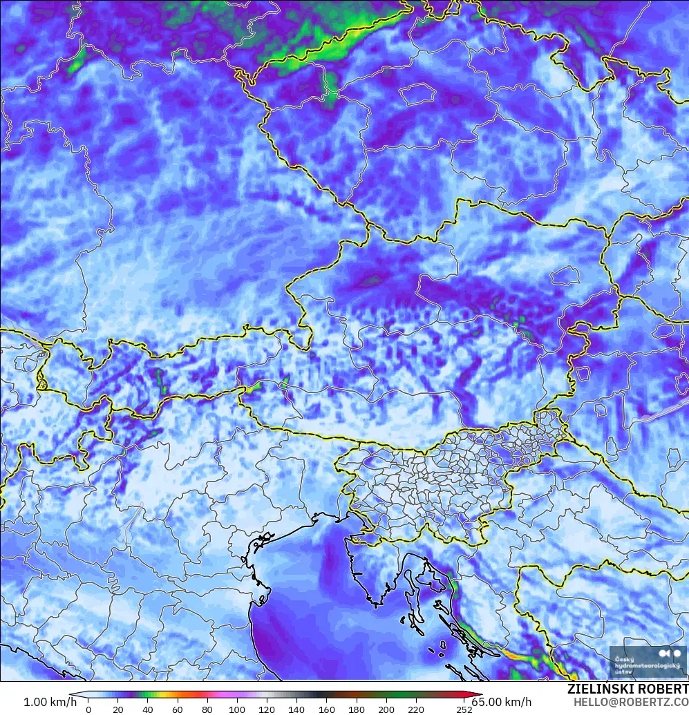 ALADIN CZ 2.3 km modelo - Austria, Ráfagas de viento