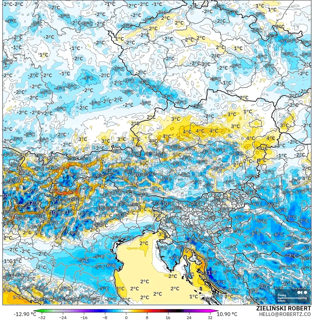 ALADIN CZ 2.3 km modelo - Austria, Anomalía de temperatura a 2 m