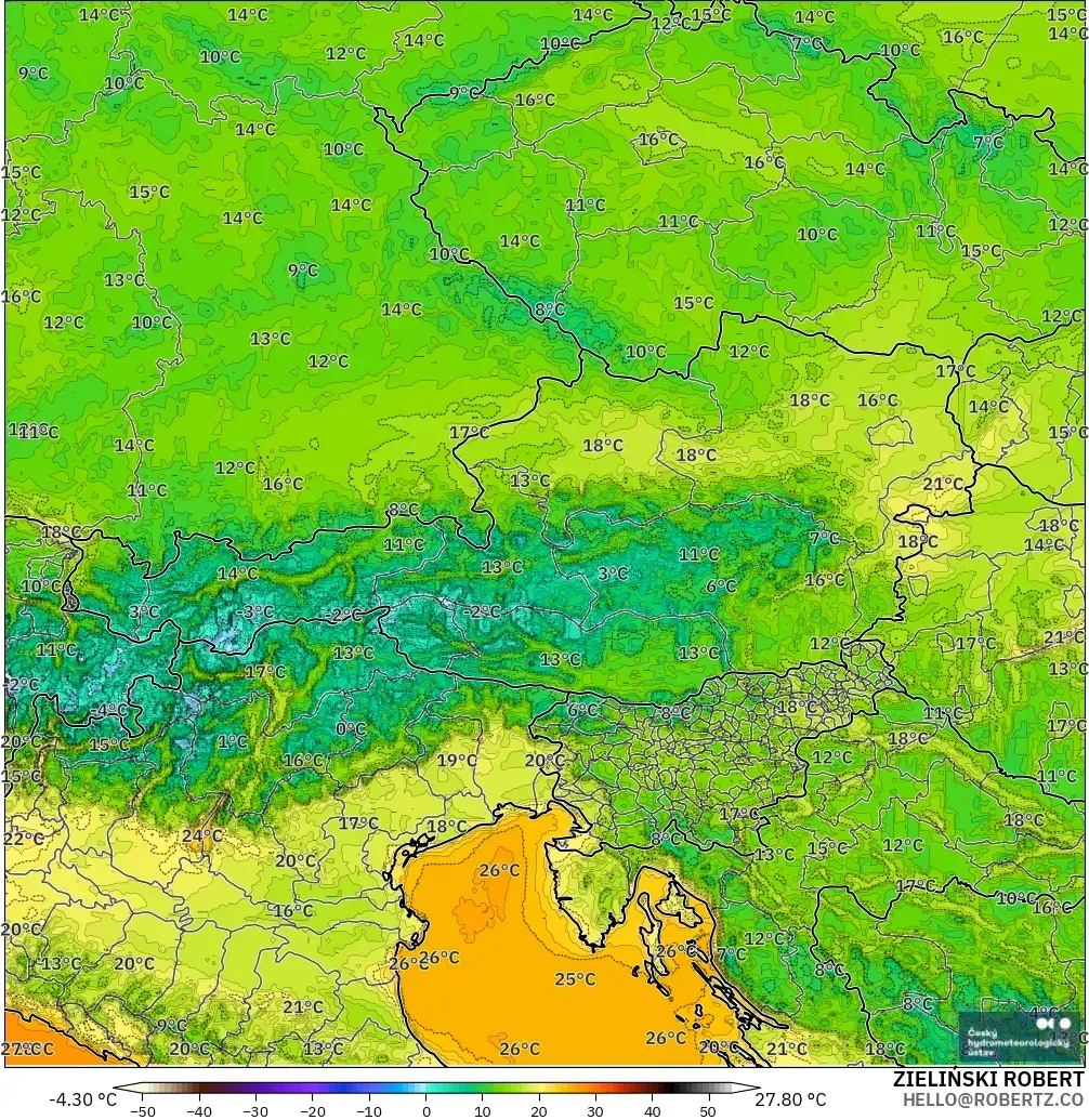 ALADIN CZ 2.3 km modelo - Austria, Temperatura a 2 m
