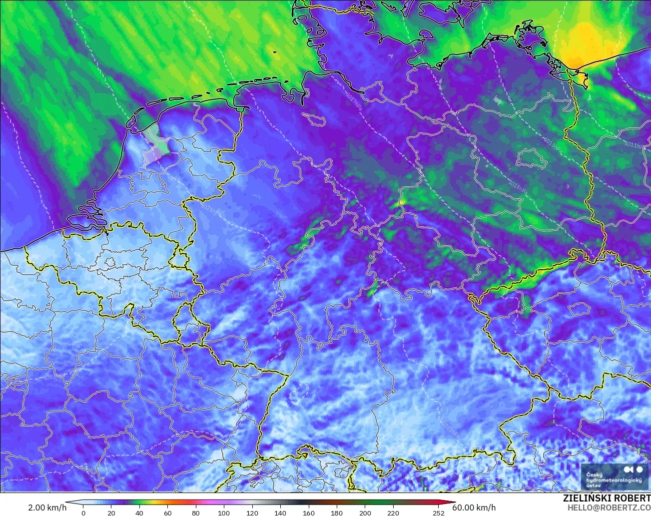 ALADIN CZ 2.3 km modelo - Alemania, Ráfagas de Viento Máximas