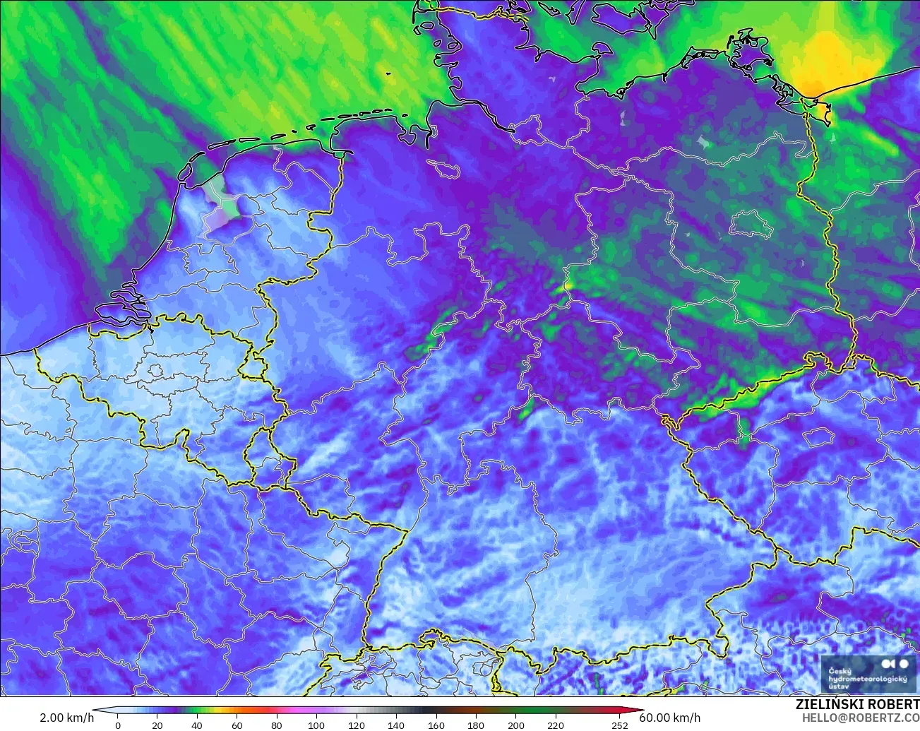 ALADIN CZ 2.3 km modelo - Alemania, Ráfagas de viento