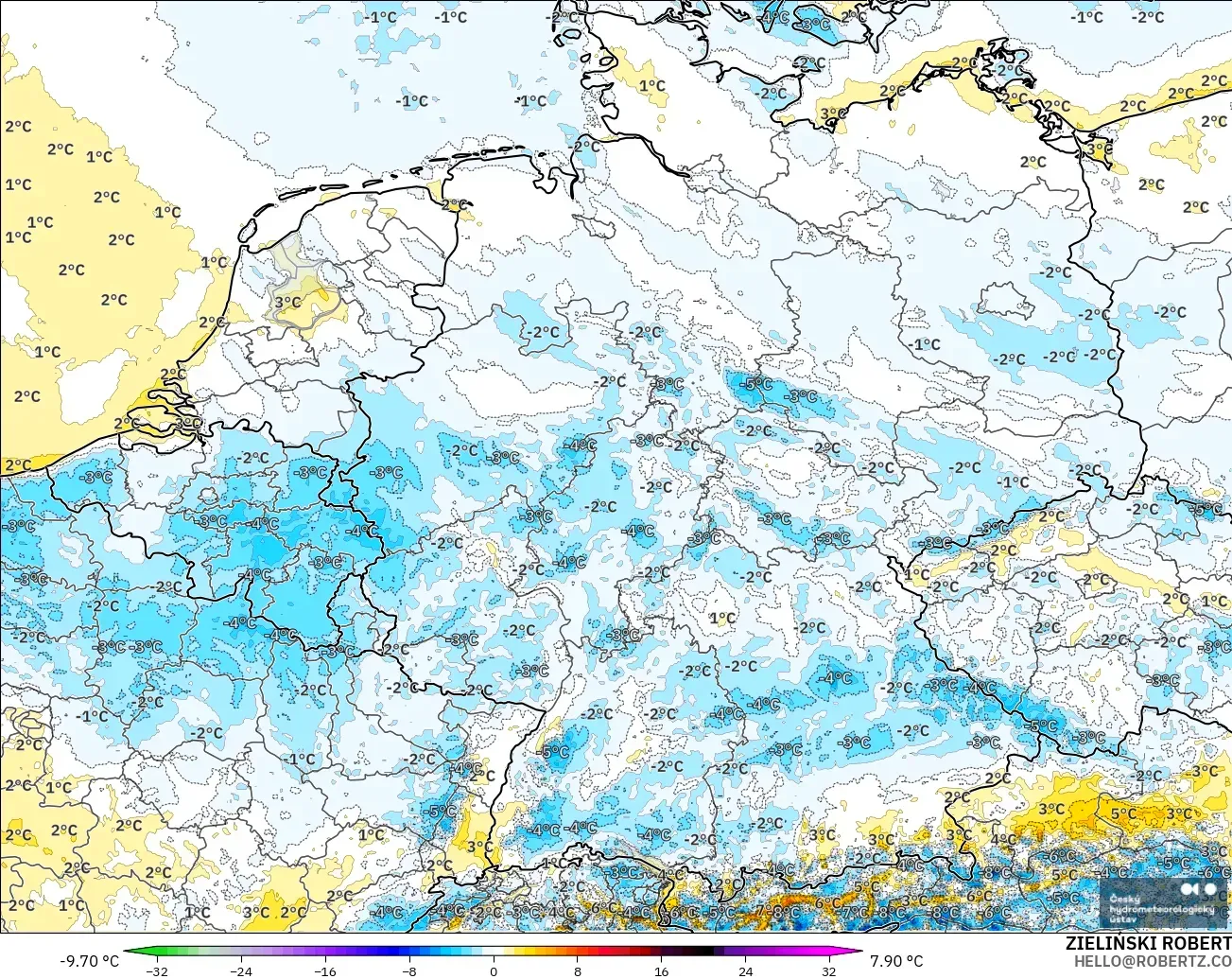 ALADIN CZ 2.3 km modelo - Alemania, Anomalía de temperatura a 2 m