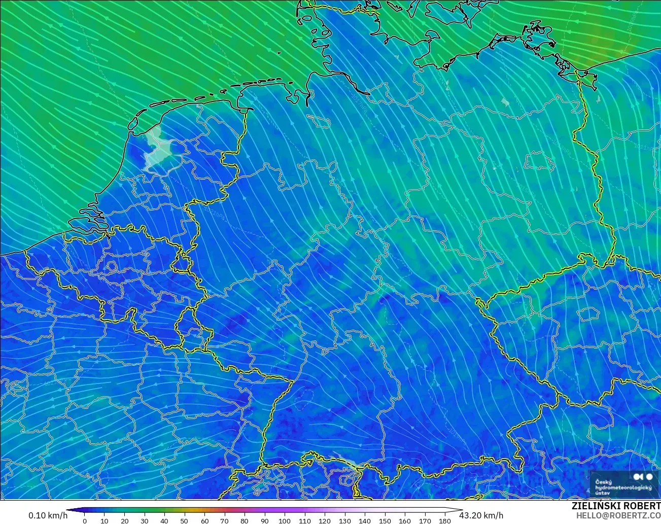 ALADIN CZ 2.3 km modelo - Alemania, Viento a 10 m