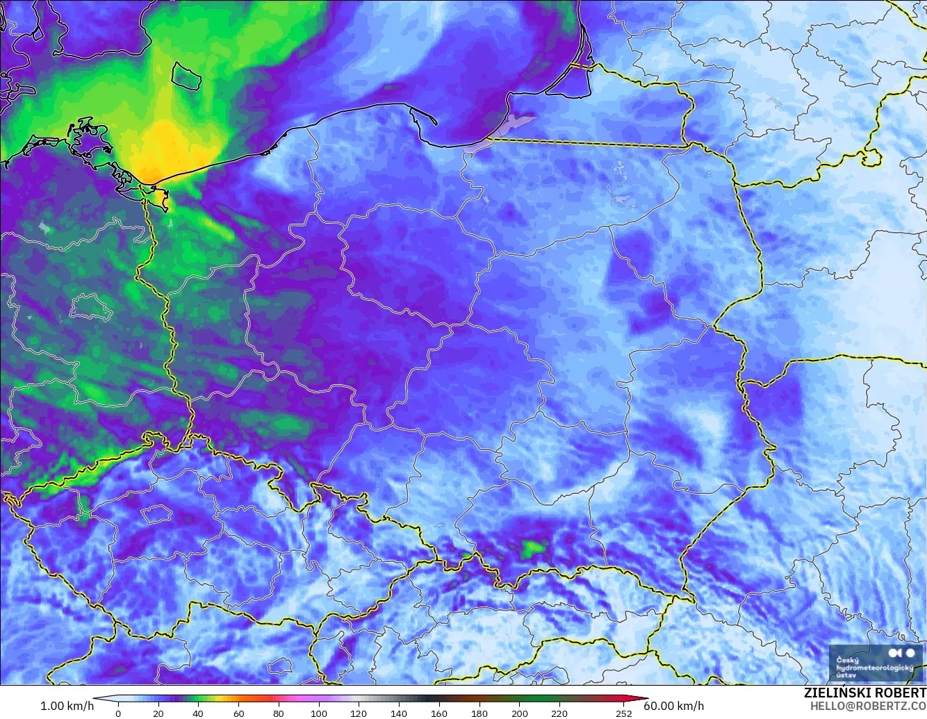 ALADIN CZ 2.3 km modelo - Polonia, Ráfagas de viento