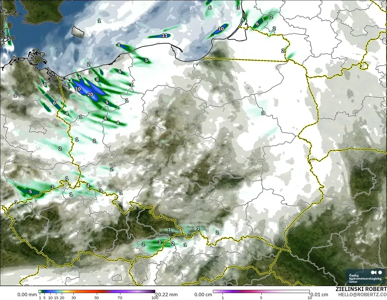 ALADIN CZ 2.3 km modelo - Polonia, Precipitación, nubes y presión