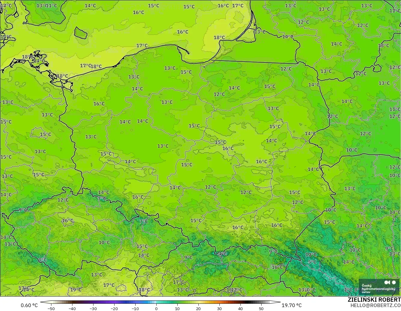 ALADIN CZ 2.3 km modelo - Polonia, Temperatura a 2 m