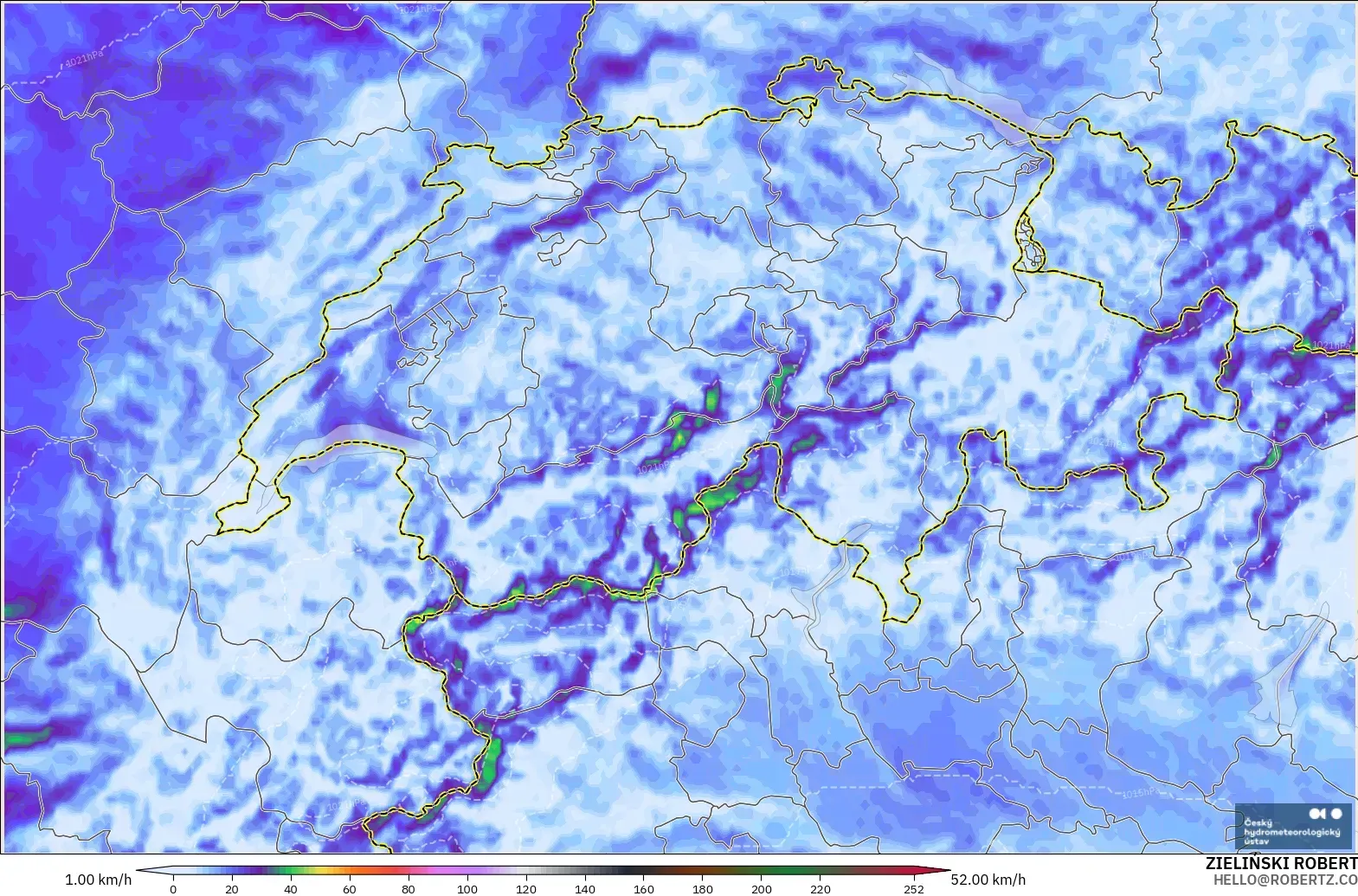 ALADIN CZ 2.3 km modelo - Suiza, Ráfagas de Viento Máximas