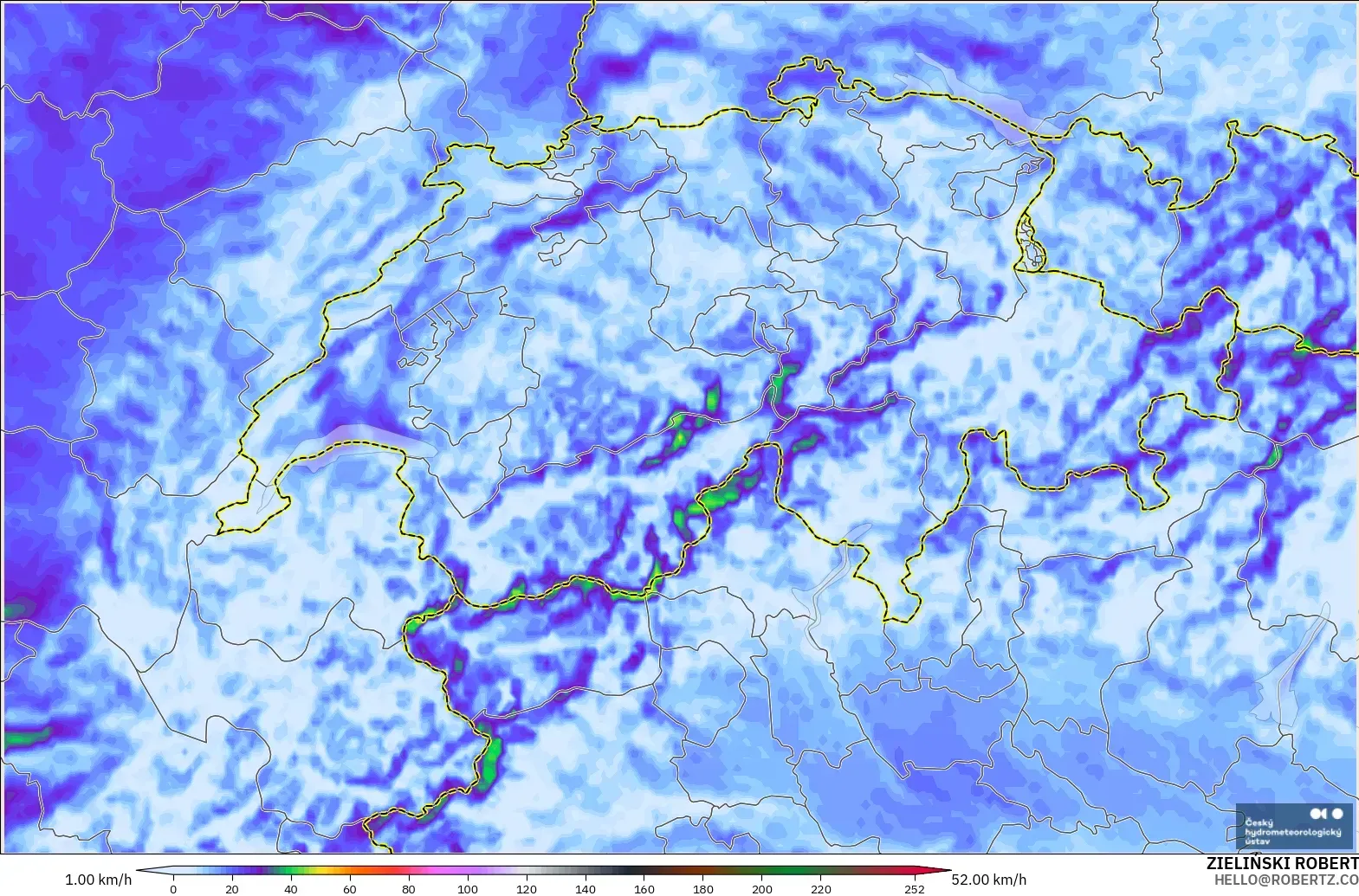 ALADIN CZ 2.3 km modelo - Suiza, Ráfagas de viento