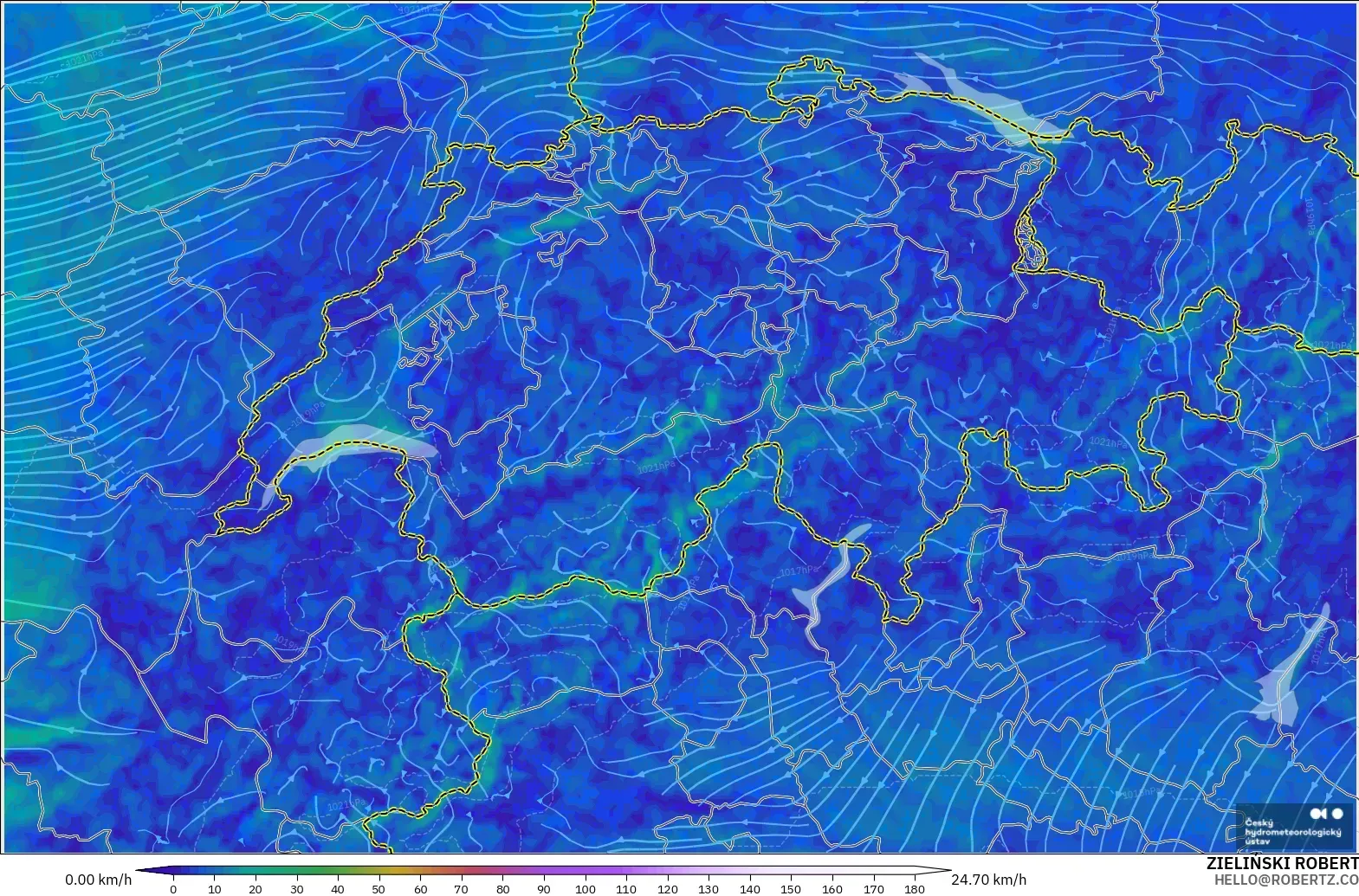 ALADIN CZ 2.3 km modelo - Suiza, Viento a 10 m