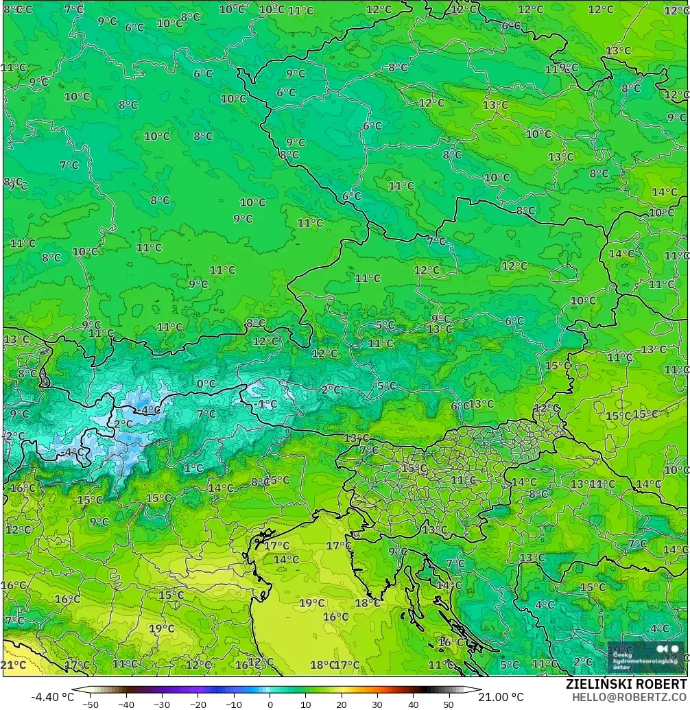 ALADIN CZ 2.3 km modelo - Austria, Punto de rocío a 2 m