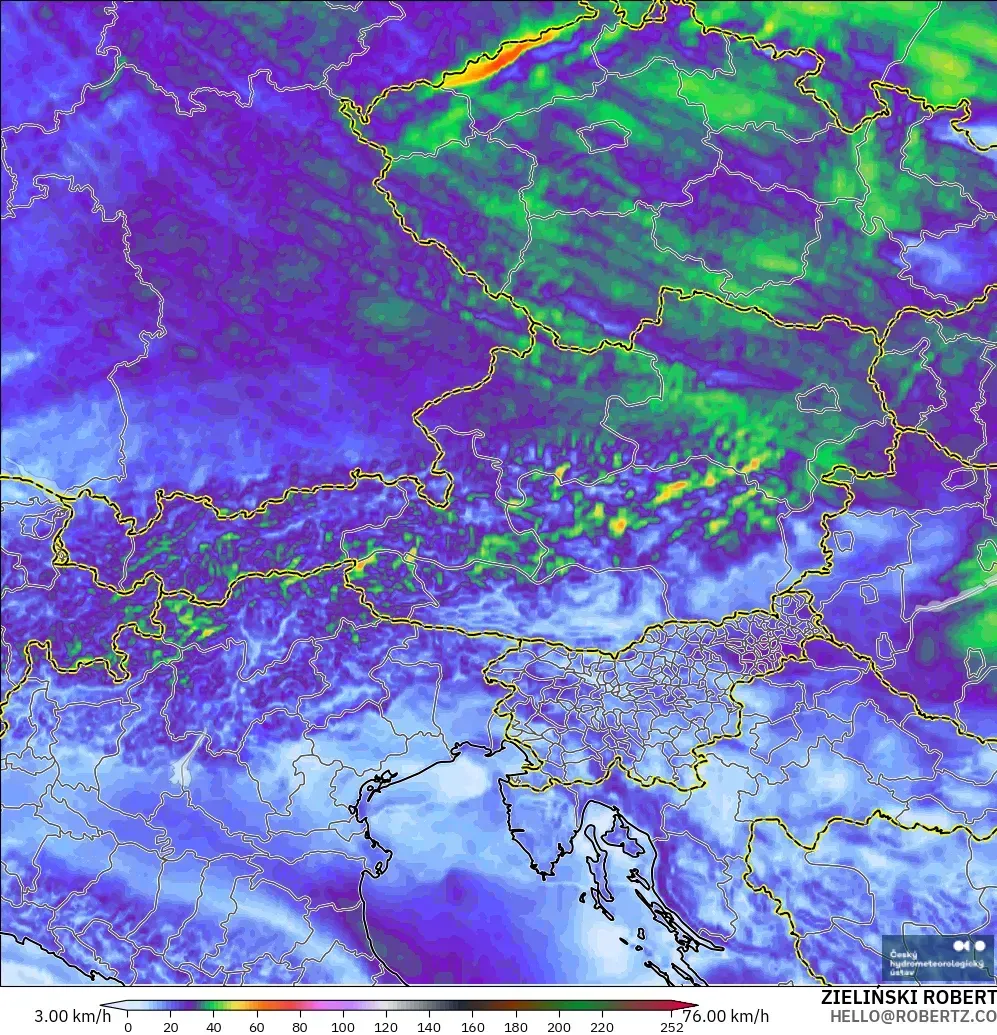 ALADIN CZ 2.3 km modelo - Austria, Ráfagas de viento