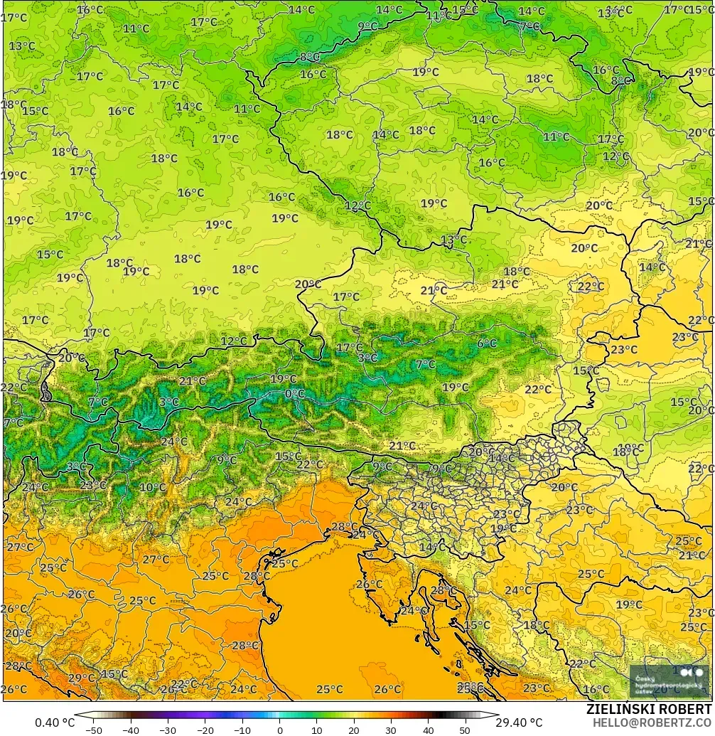 ALADIN CZ 2.3 km modelo - Austria, Temperatura a 2 m