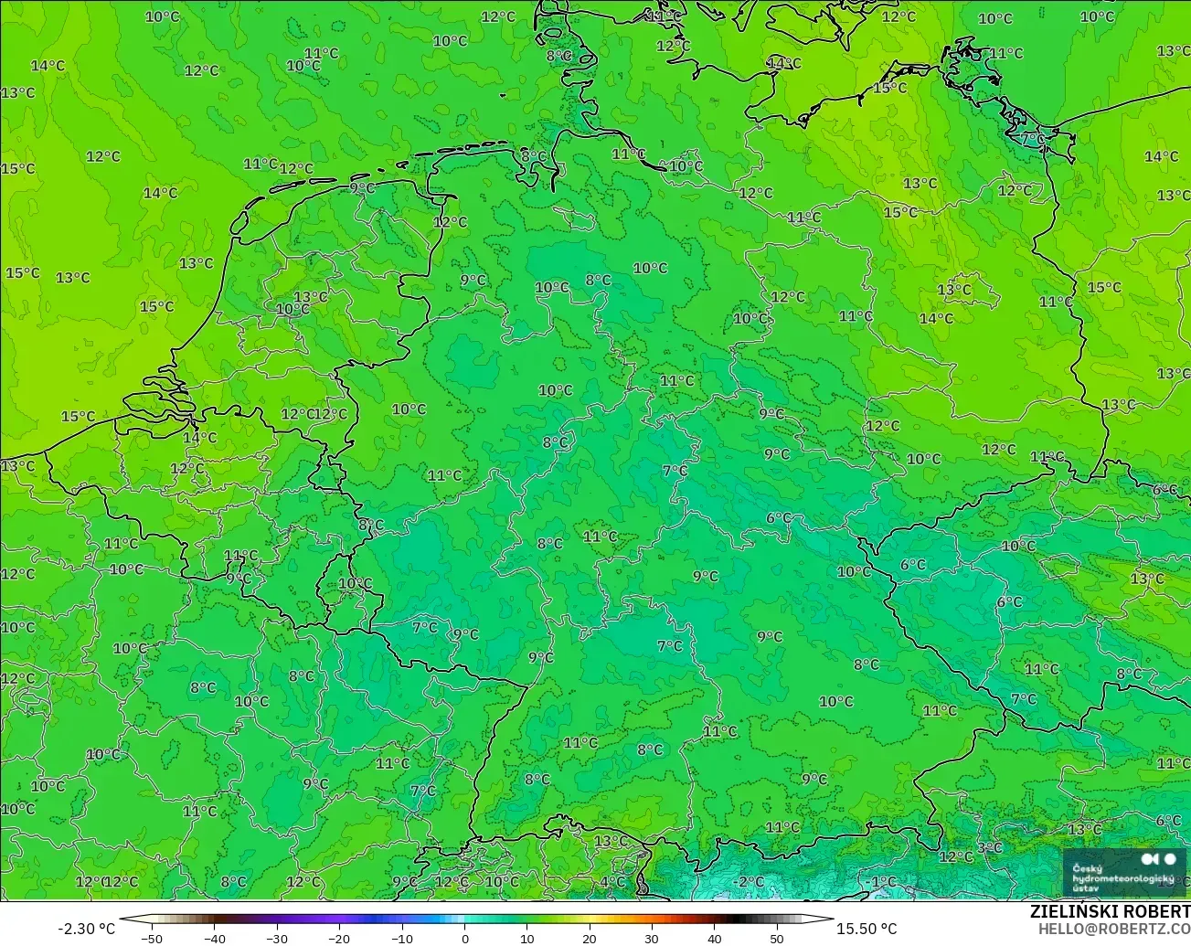 ALADIN CZ 2.3 km modelo - Alemania, Punto de rocío a 2 m