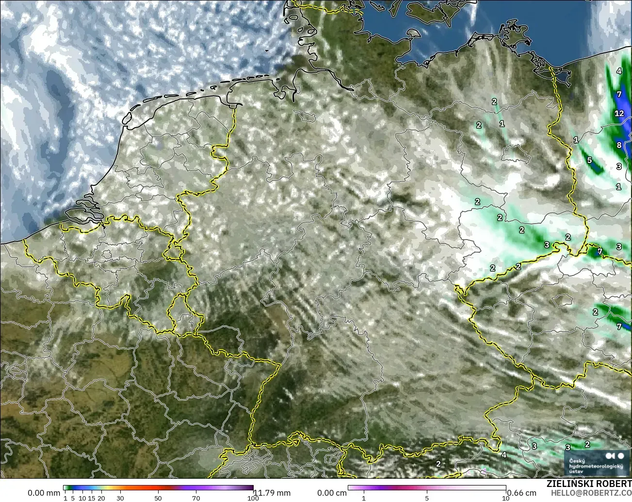 ALADIN CZ 2.3 km modelo - Alemania, Precipitación, nubes y presión