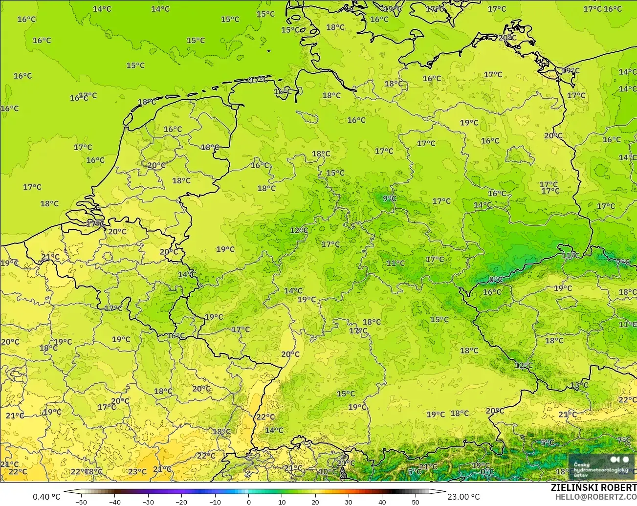 ALADIN CZ 2.3 km modelo - Alemania, Temperatura a 2 m