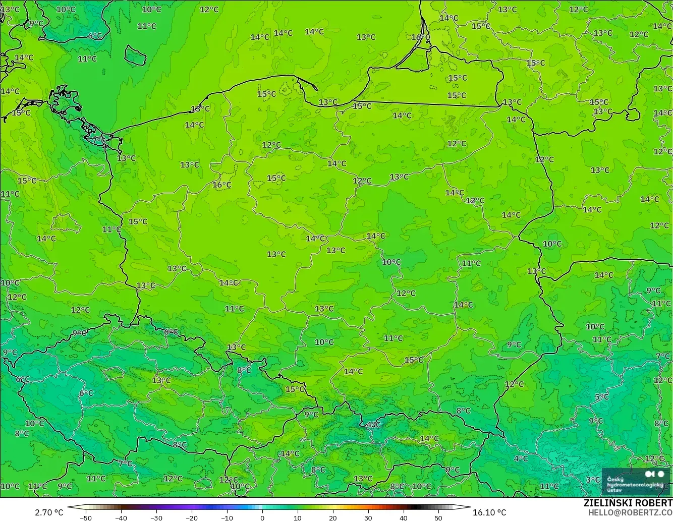 ALADIN CZ 2.3 km modelo - Polonia, Punto de rocío a 2 m