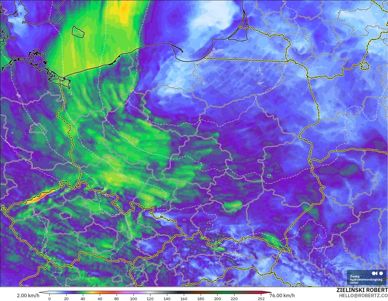 ALADIN CZ 2.3 km modelo - Polonia, Ráfagas de Viento Máximas