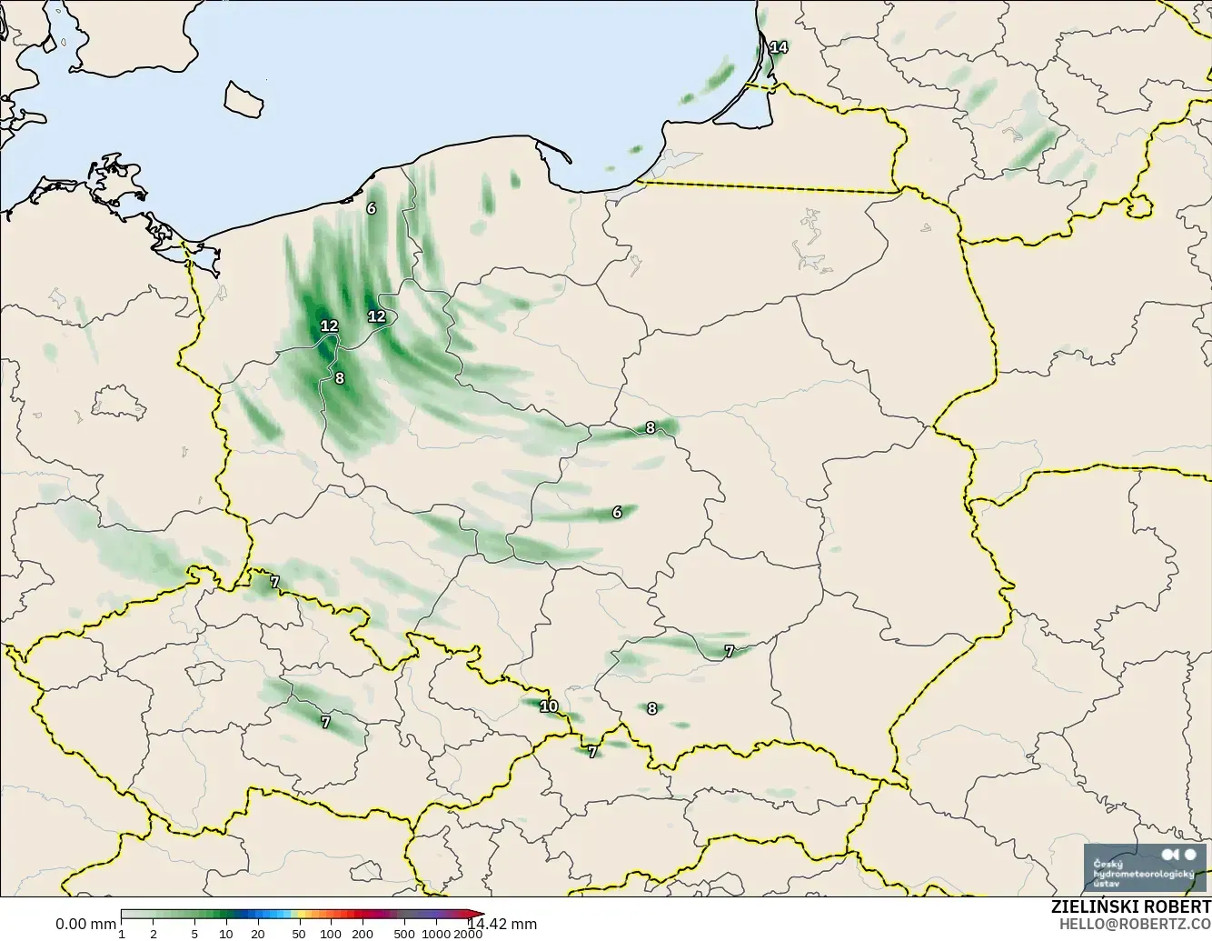 ALADIN CZ 2.3 km modelo - Polonia, Acumulación de precipitación
