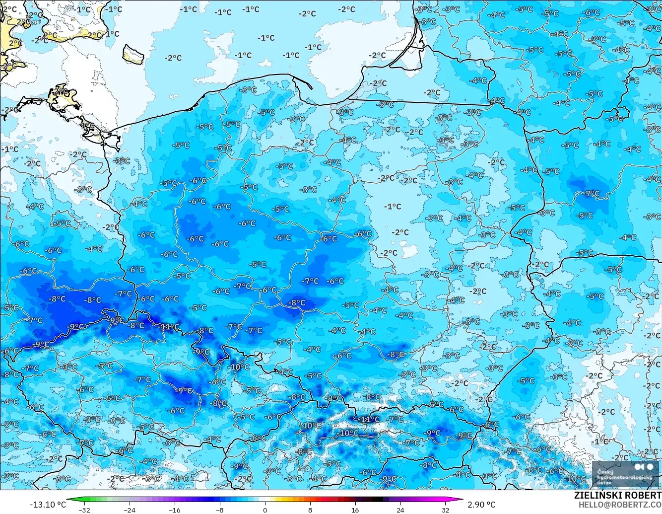 ALADIN CZ 2.3 km modelo - Polonia, Anomalía de temperatura a 2 m