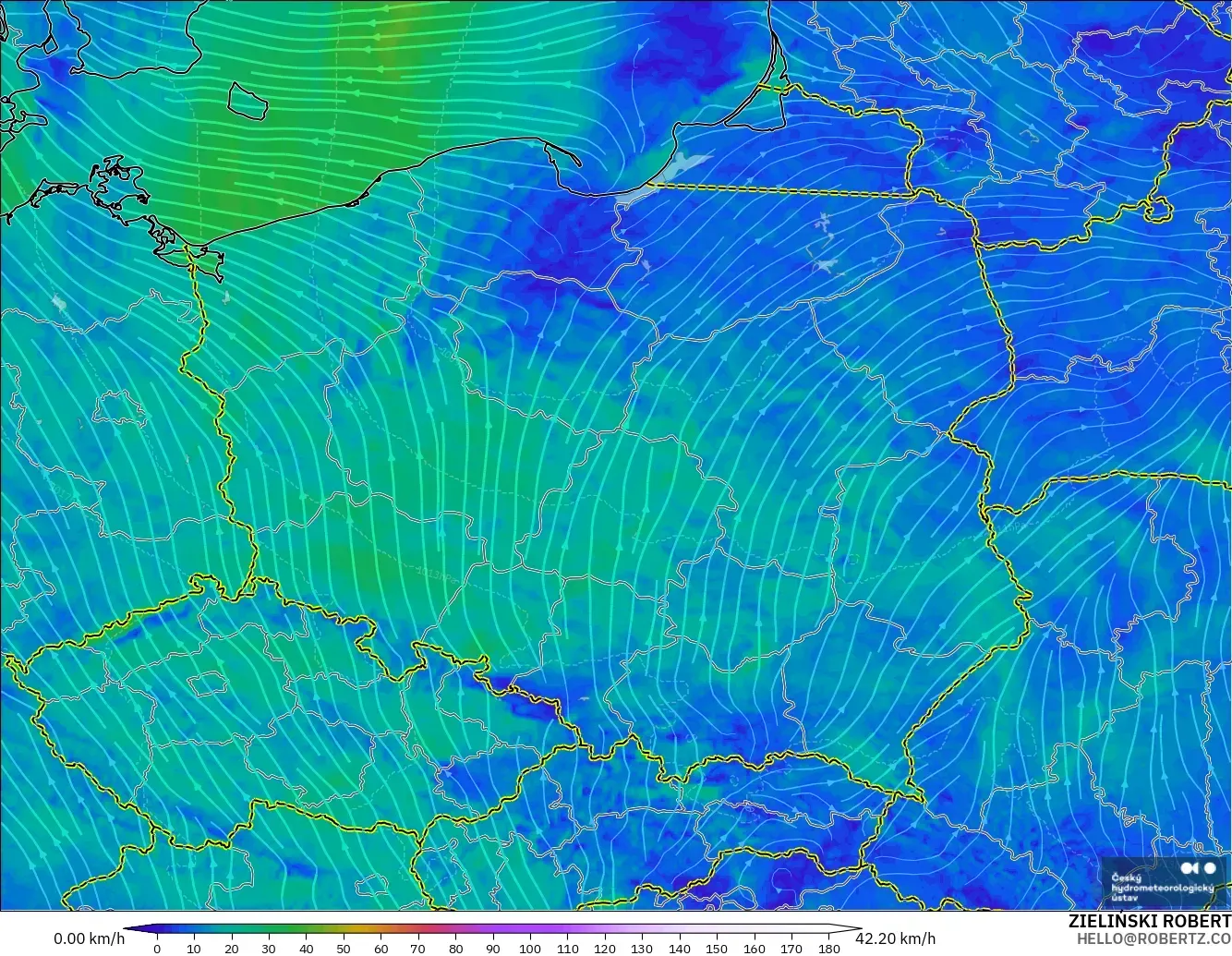 ALADIN CZ 2.3 km modelo - Polonia, Viento a 10 m